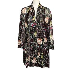 Ali Miles Plus Size 3X Open Front Duster Cardigan Patchwork Print Stretch Black